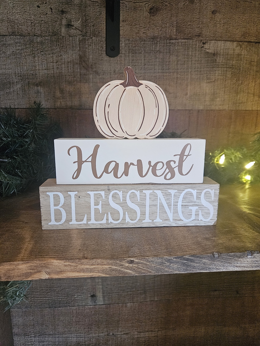 Harvest Blessings Wooden Fall Block Sign - Cream and Brown